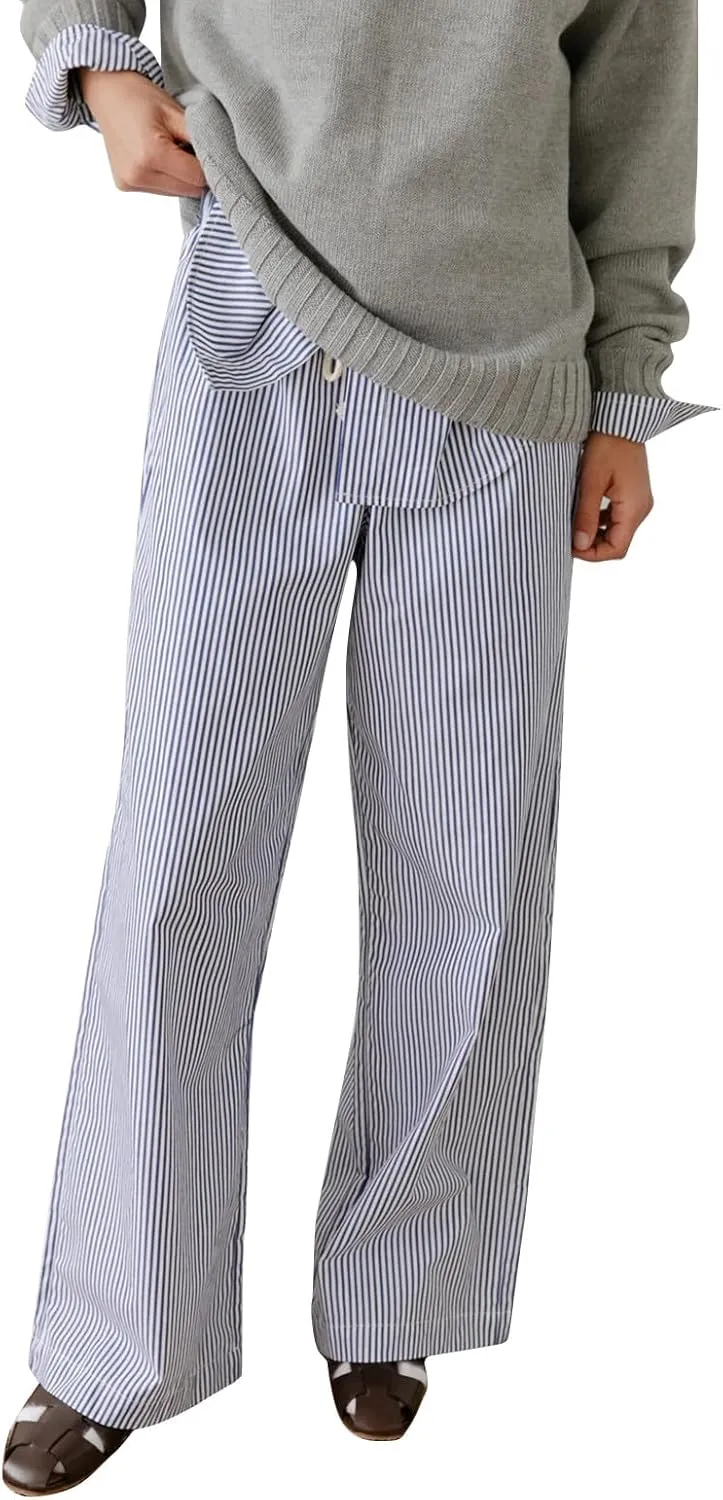 Wide Leg Pants Women Y2K Drawstring High Waisted Striped Straight Leg Trousers Trendy Baggy Pants with Pockets