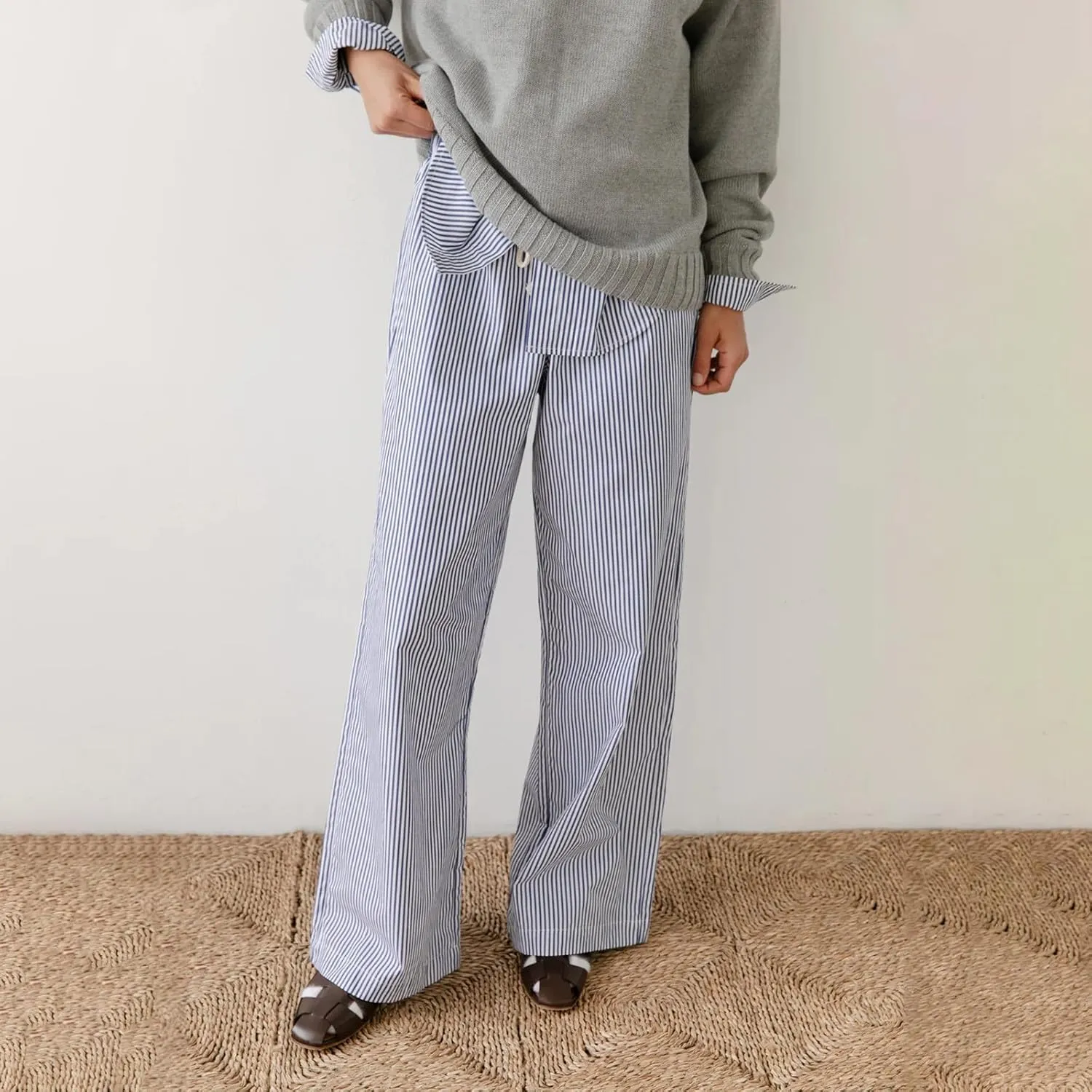 Wide Leg Pants Women Y2K Drawstring High Waisted Striped Straight Leg Trousers Trendy Baggy Pants with Pockets