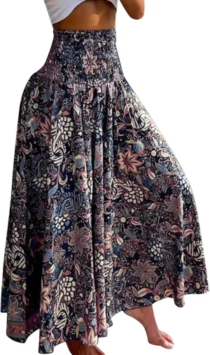 Women 2024 Summer Spring Floral Ethnic Long Skirts Casual Elastic High Waist Pleated Swing A Line Boho Beach Maxi Skirt