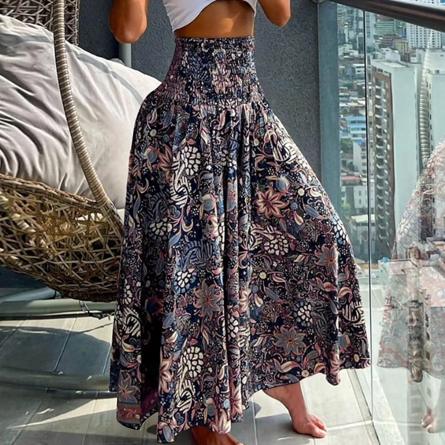 Women 2024 Summer Spring Floral Ethnic Long Skirts Casual Elastic High Waist Pleated Swing A Line Boho Beach Maxi Skirt