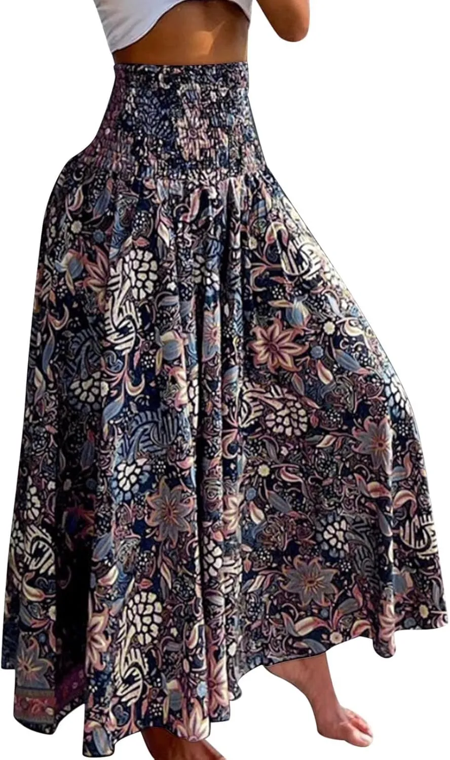 Women 2024 Summer Spring Floral Ethnic Long Skirts Casual Elastic High Waist Pleated Swing A Line Boho Beach Maxi Skirt