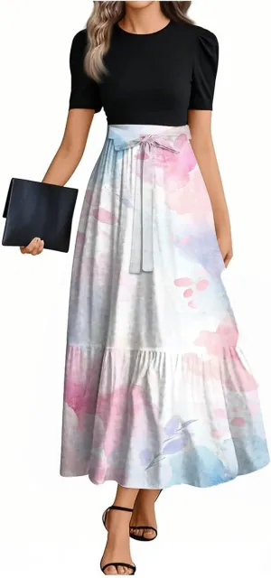 Women 2025 Floral Print Wrap Short Sleeve Maxi Dress- Patchwork Ruffle Hem A Line Dress Wedding Guest Dresses