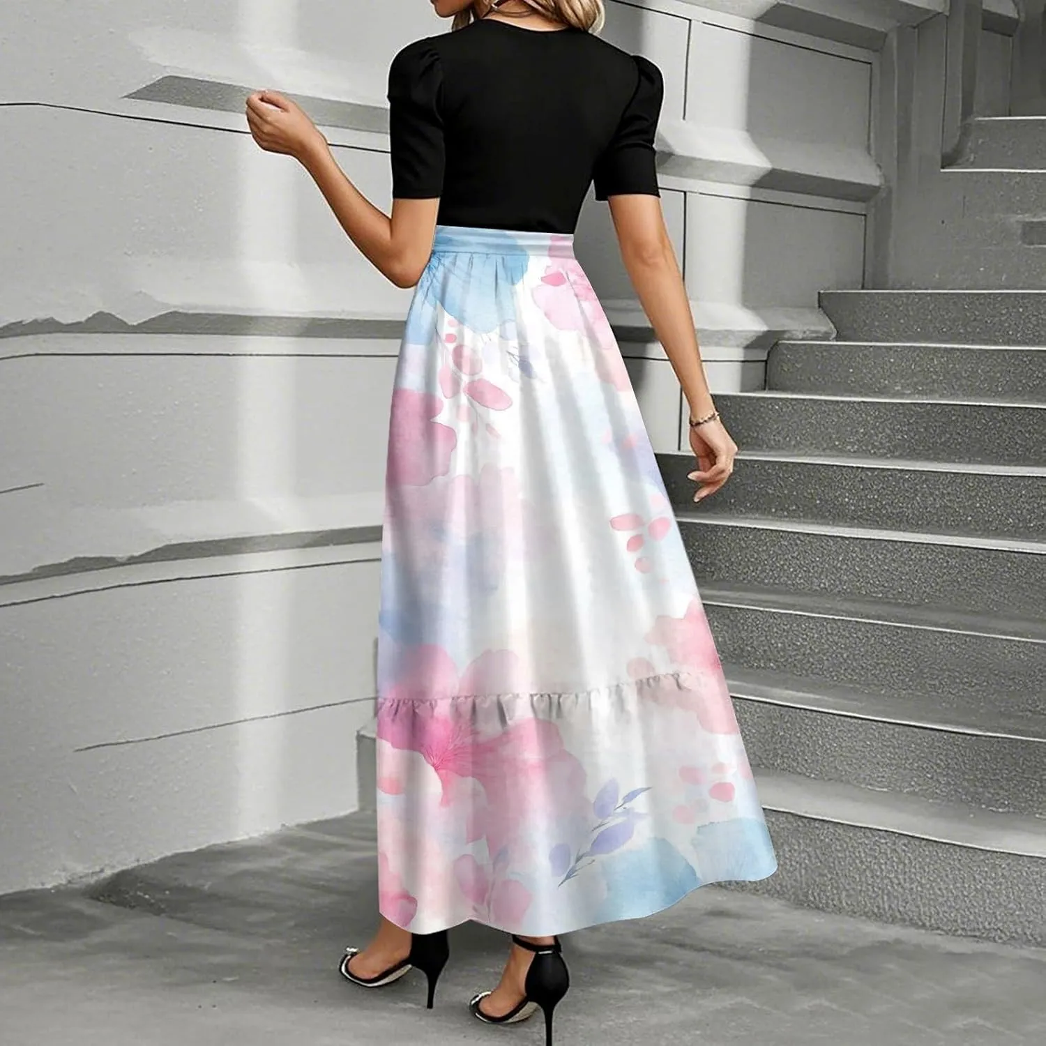 Women 2025 Floral Print Wrap Short Sleeve Maxi Dress- Patchwork Ruffle Hem A Line Dress Wedding Guest Dresses