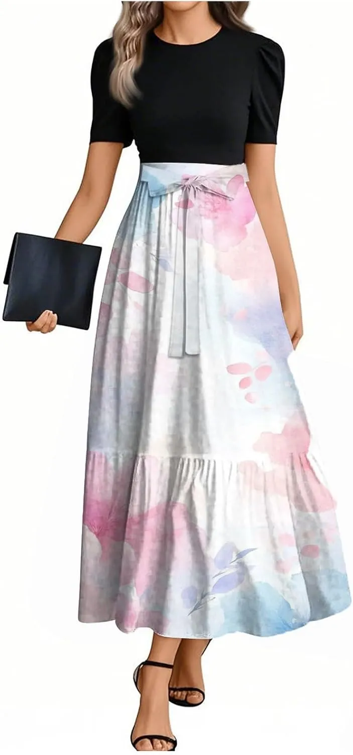 Women 2025 Floral Print Wrap Short Sleeve Maxi Dress- Patchwork Ruffle Hem A Line Dress Wedding Guest Dresses