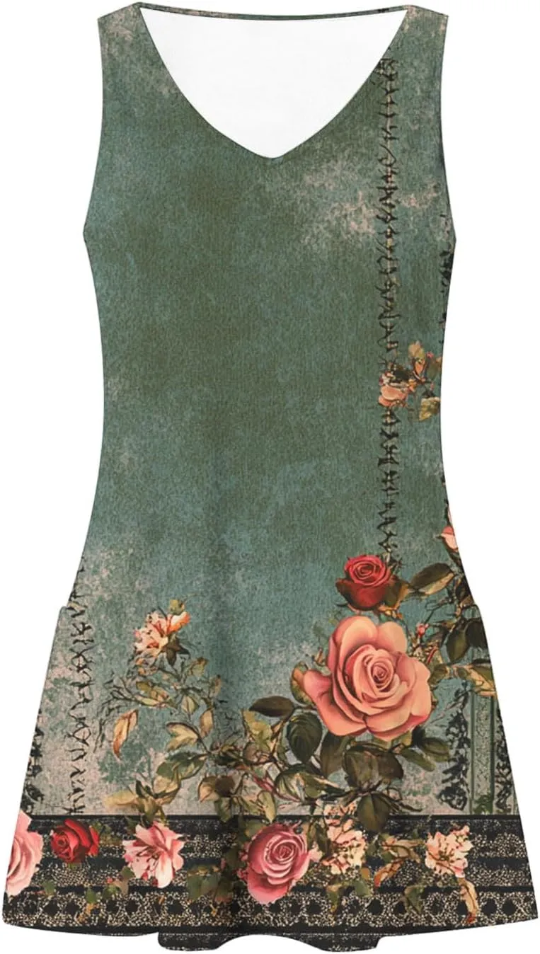 Women Basic Strap Cami Slip Mini Dress Summer Sleeveless V Neck Dresses Boho Floral Backless Short Camisoles Sundress