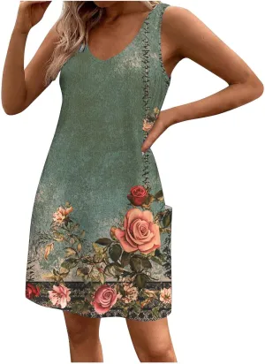 Women Basic Strap Cami Slip Mini Dress Summer Sleeveless V Neck Dresses Boho Floral Backless Short Camisoles Sundress