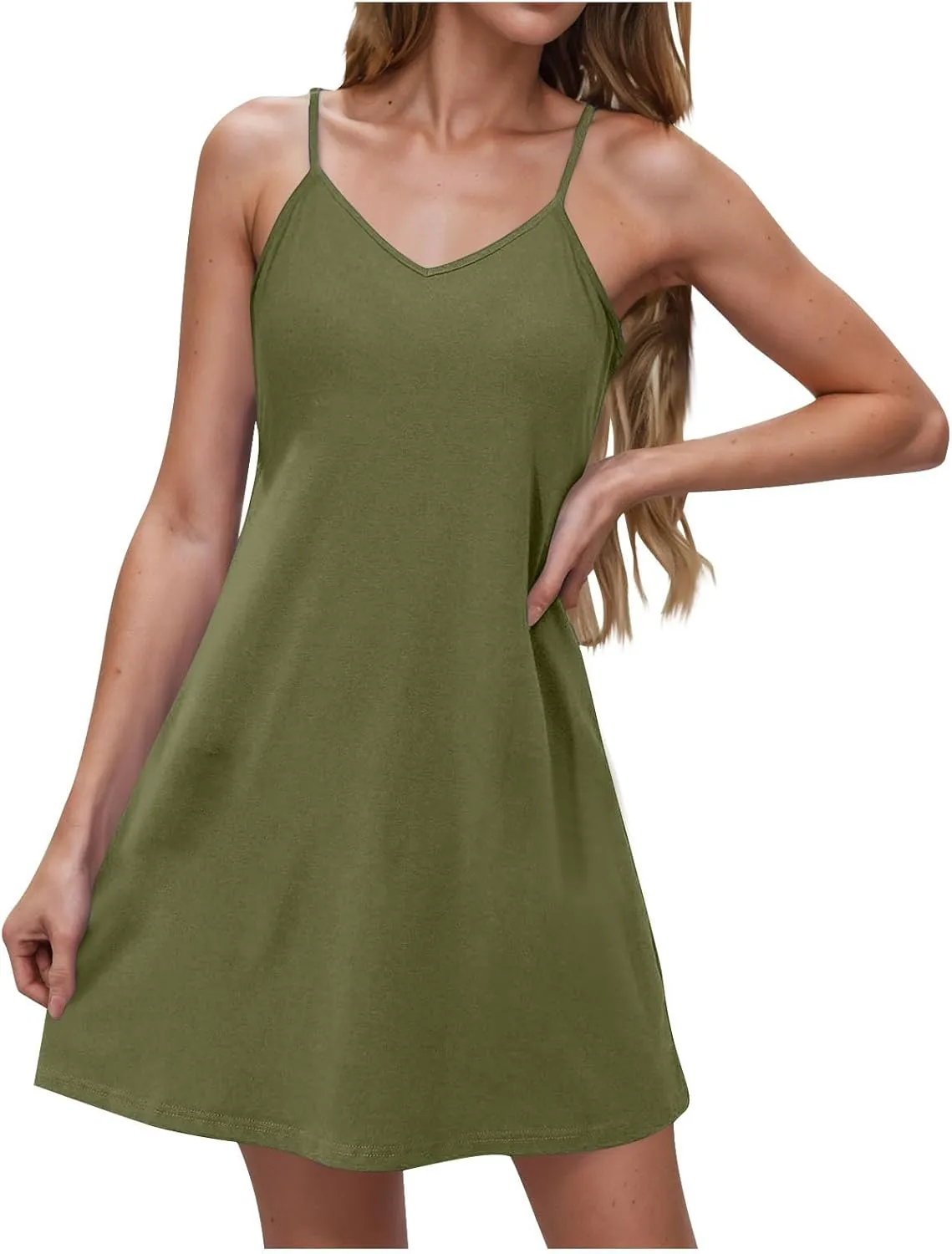 Women Basic Strap Cami Slip Mini Dress Summer Sleeveless V Neck Dresses Boho Floral Backless Short Camisoles Sundress