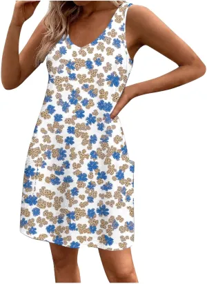Women Basic Strap Cami Slip Mini Dress Summer Sleeveless V Neck Dresses Boho Floral Backless Short Camisoles Sundress