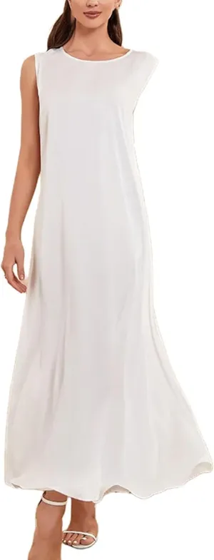 Women Casual Sleeveless Suspenders Cotton Linen Dress White Sleeveless Slip Dresses White Plain Clothing