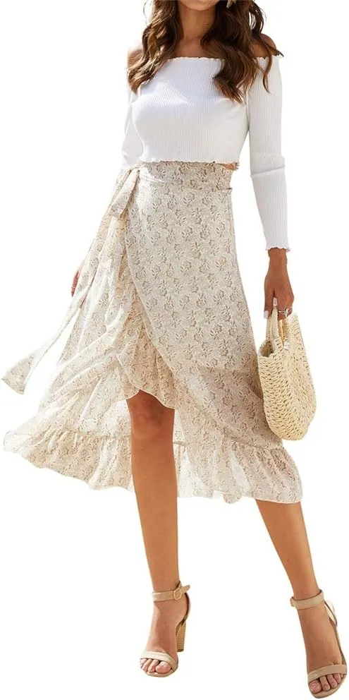 Women Chiffon Floral Midi Skirt High Waist Side Wrap Bohemian Asymmetric Long Skirt Summer Beach Wrap Cover Up Skirt