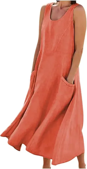 Women Cotton Linen Short Midi Dress Plain Casual Dresses Sleeveless Shift Dress Vintage Sundress with Pockets 2023