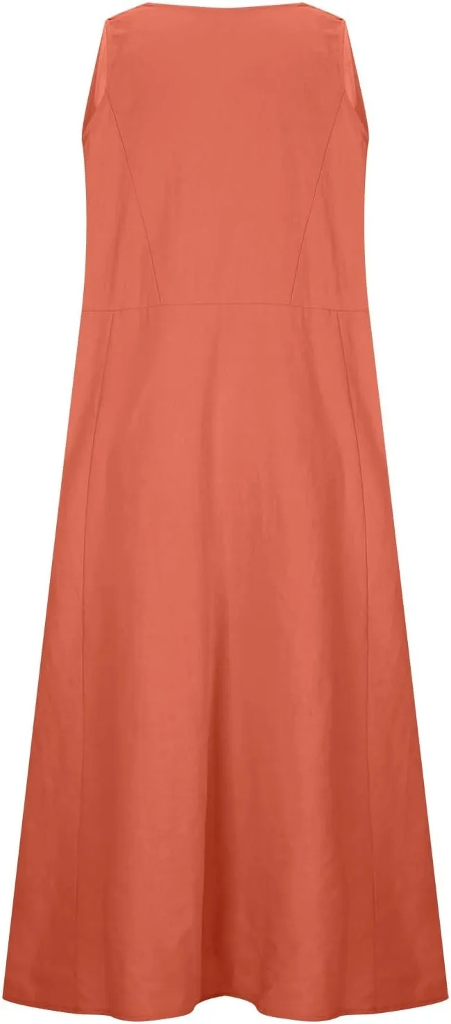 Women Cotton Linen Short Midi Dress Plain Casual Dresses Sleeveless Shift Dress Vintage Sundress with Pockets 2023