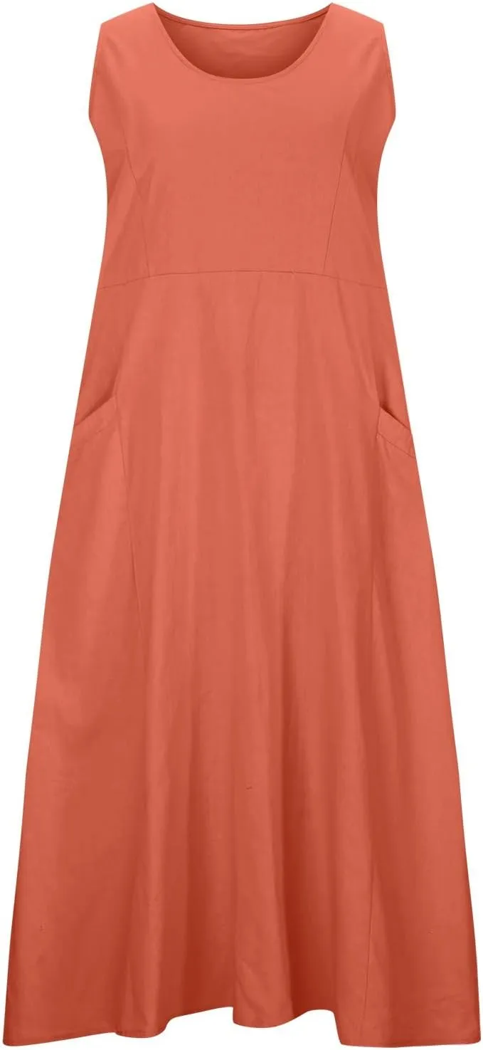 Women Cotton Linen Short Midi Dress Plain Casual Dresses Sleeveless Shift Dress Vintage Sundress with Pockets 2023