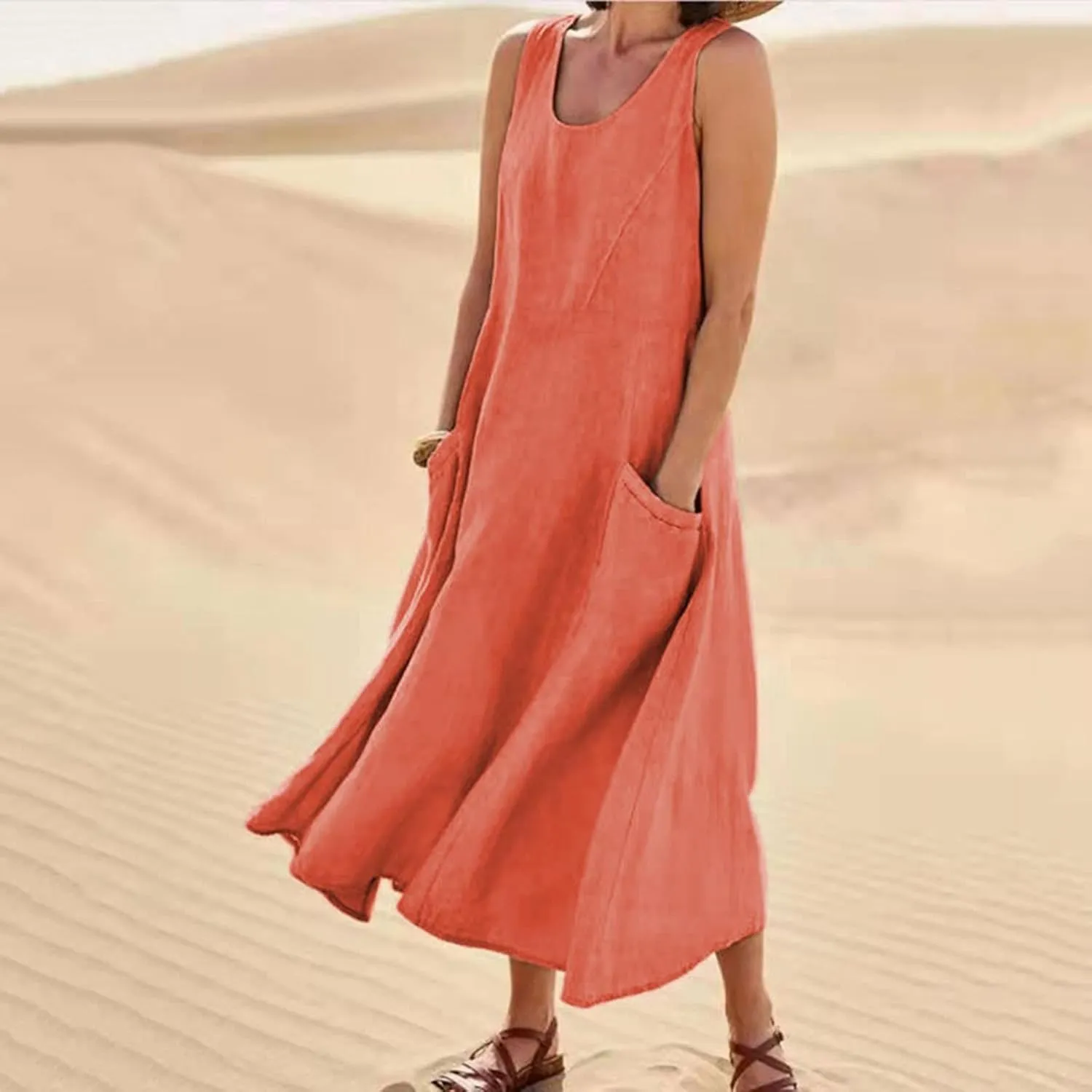 Women Cotton Linen Short Midi Dress Plain Casual Dresses Sleeveless Shift Dress Vintage Sundress with Pockets 2023