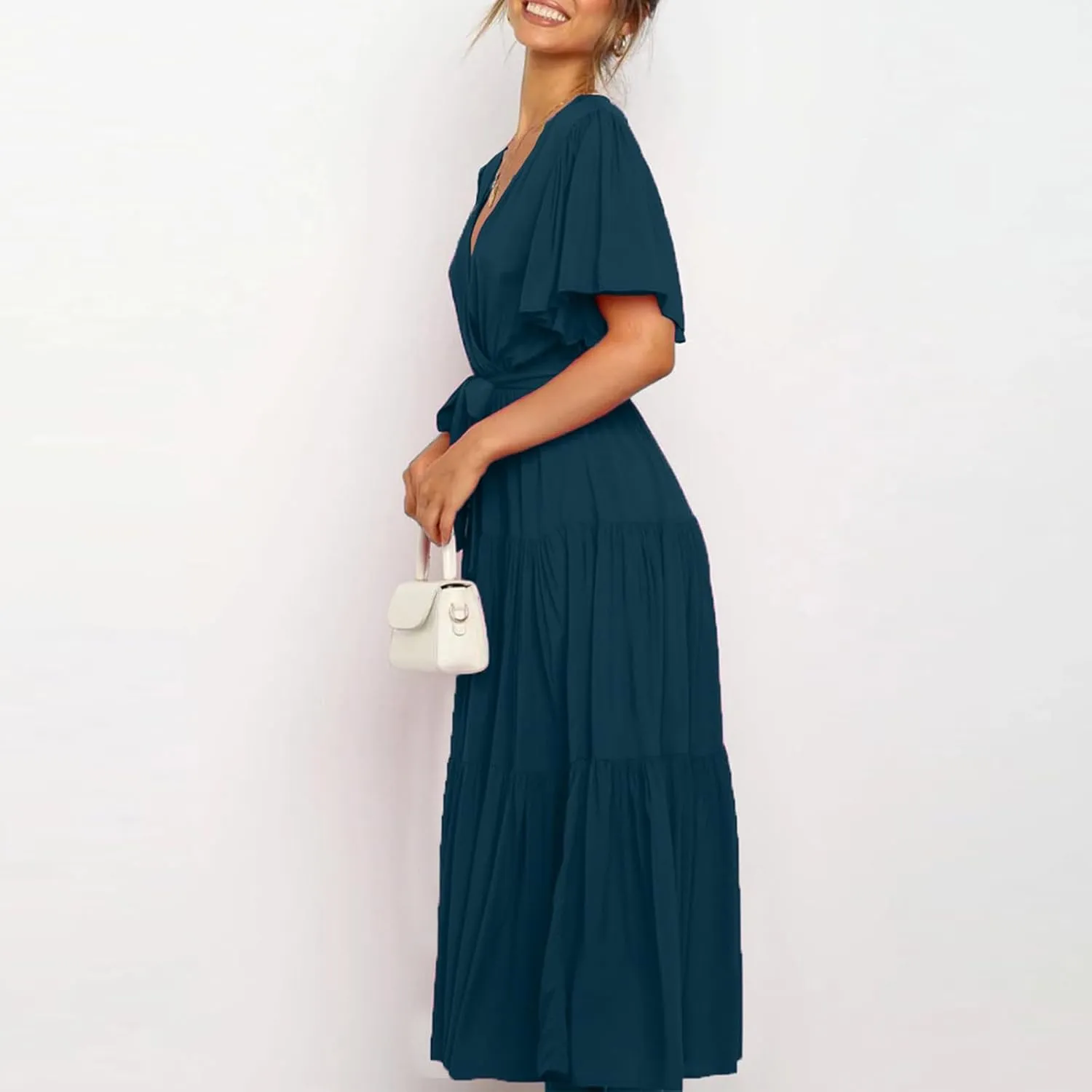 Women Dress Spring Ruffle Dress Short Sleeve V Neck A Line Dresses Empire Waist Wedding Dresses Summer with Belt