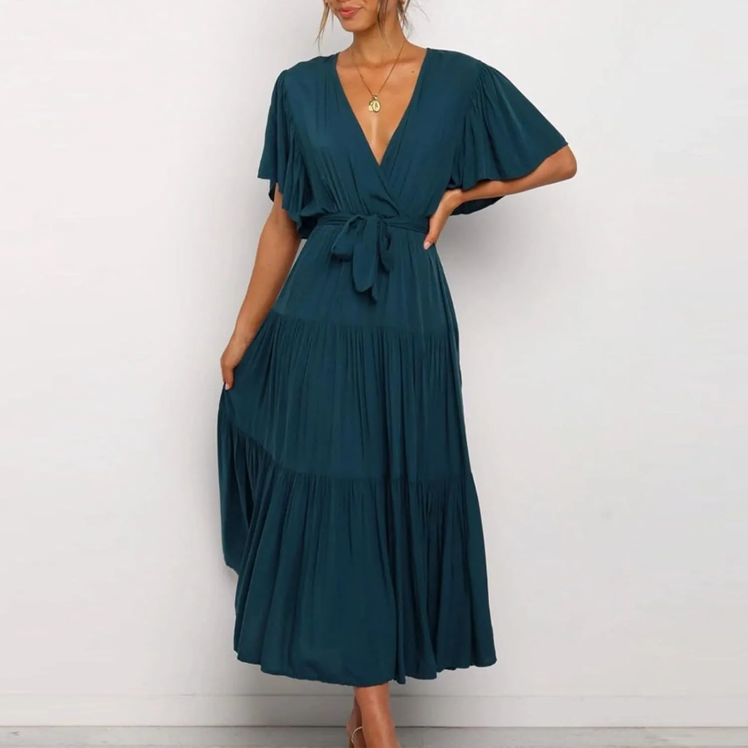 Women Dress Spring Ruffle Dress Short Sleeve V Neck A Line Dresses Empire Waist Wedding Dresses Summer with Belt