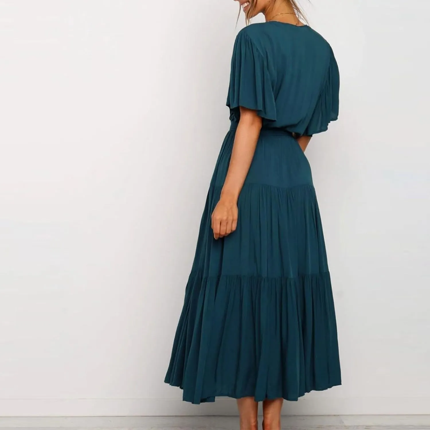 Women Dress Spring Ruffle Dress Short Sleeve V Neck A Line Dresses Empire Waist Wedding Dresses Summer with Belt