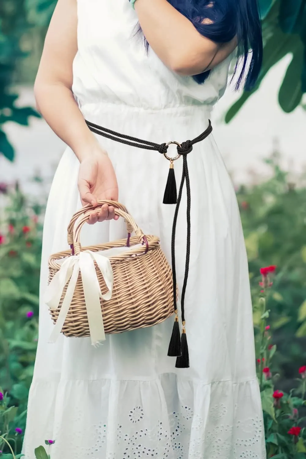 Women Girls Braided Waist Tie Belt/Rope with Tassel Wrap Cloth Belts for Dress Pants