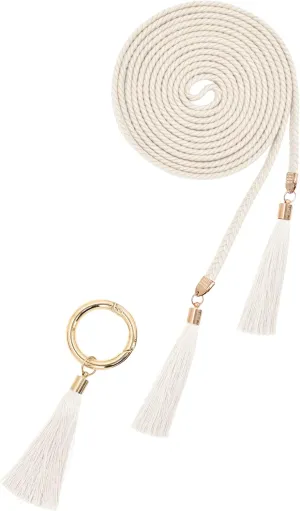 Women Girls Braided Waist Tie Belt/Rope with Tassel Wrap Cloth Belts for Dress Pants