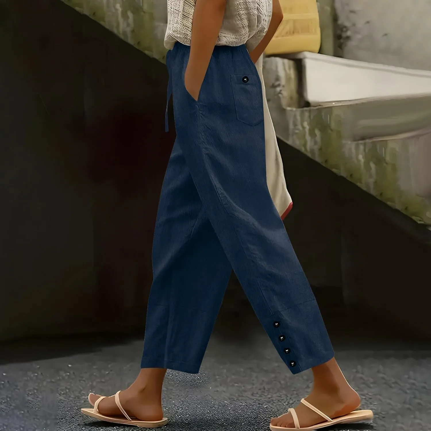 Women High Waisted Pants with Pockets Straight Leg Casual Trousers Pants Beach Summer Pants Loose Vacation Pants