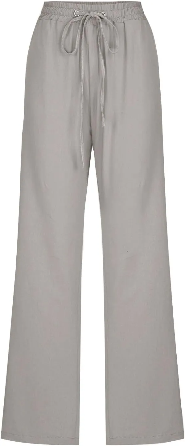 Women Linen Pants Straight Leg Palazzo Pants Summer Beach Pants Elastic Waist Drawstring Work Pants Long Trousers