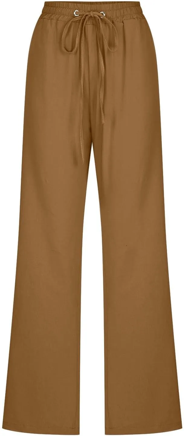 Women Linen Pants Straight Leg Palazzo Pants Summer Beach Pants Elastic Waist Drawstring Work Pants Long Trousers