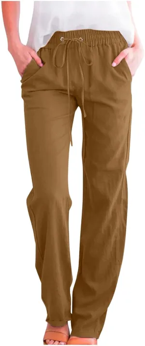 Women Linen Pants Straight Leg Palazzo Pants Summer Beach Pants Elastic Waist Drawstring Work Pants Long Trousers
