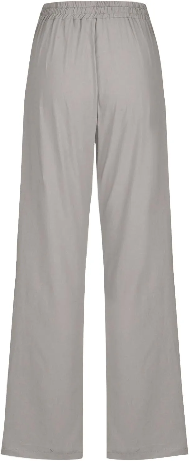 Women Linen Pants Straight Leg Palazzo Pants Summer Beach Pants Elastic Waist Drawstring Work Pants Long Trousers