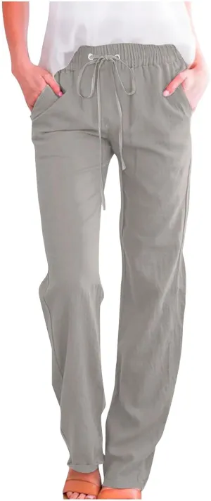 Women Linen Pants Straight Leg Palazzo Pants Summer Beach Pants Elastic Waist Drawstring Work Pants Long Trousers