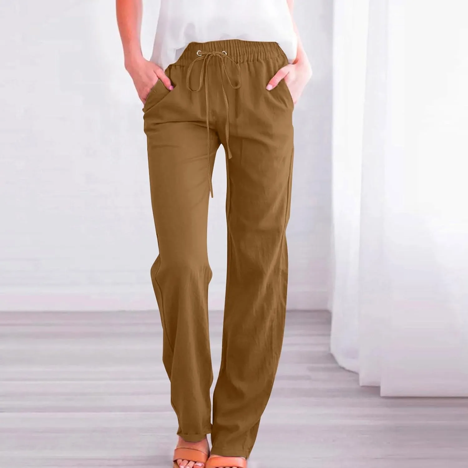 Women Linen Pants Straight Leg Palazzo Pants Summer Beach Pants Elastic Waist Drawstring Work Pants Long Trousers