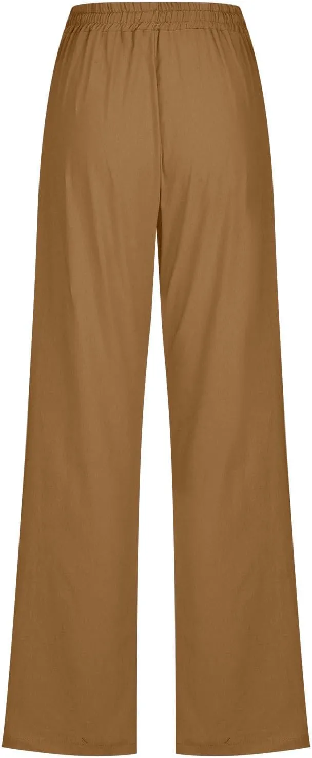 Women Linen Pants Straight Leg Palazzo Pants Summer Beach Pants Elastic Waist Drawstring Work Pants Long Trousers