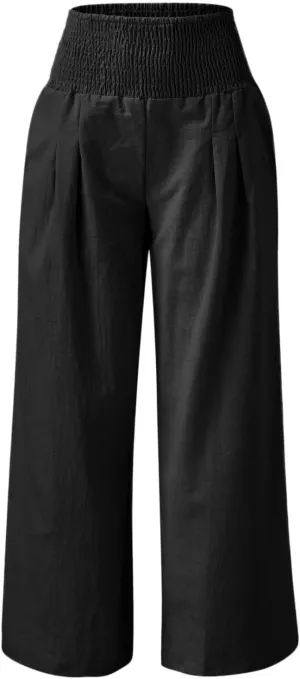 Women Linen Pants Straight Leg Tummy Control Summer Casual Palazzo Trouser with Pockets Womens Trendy Baggy Pants