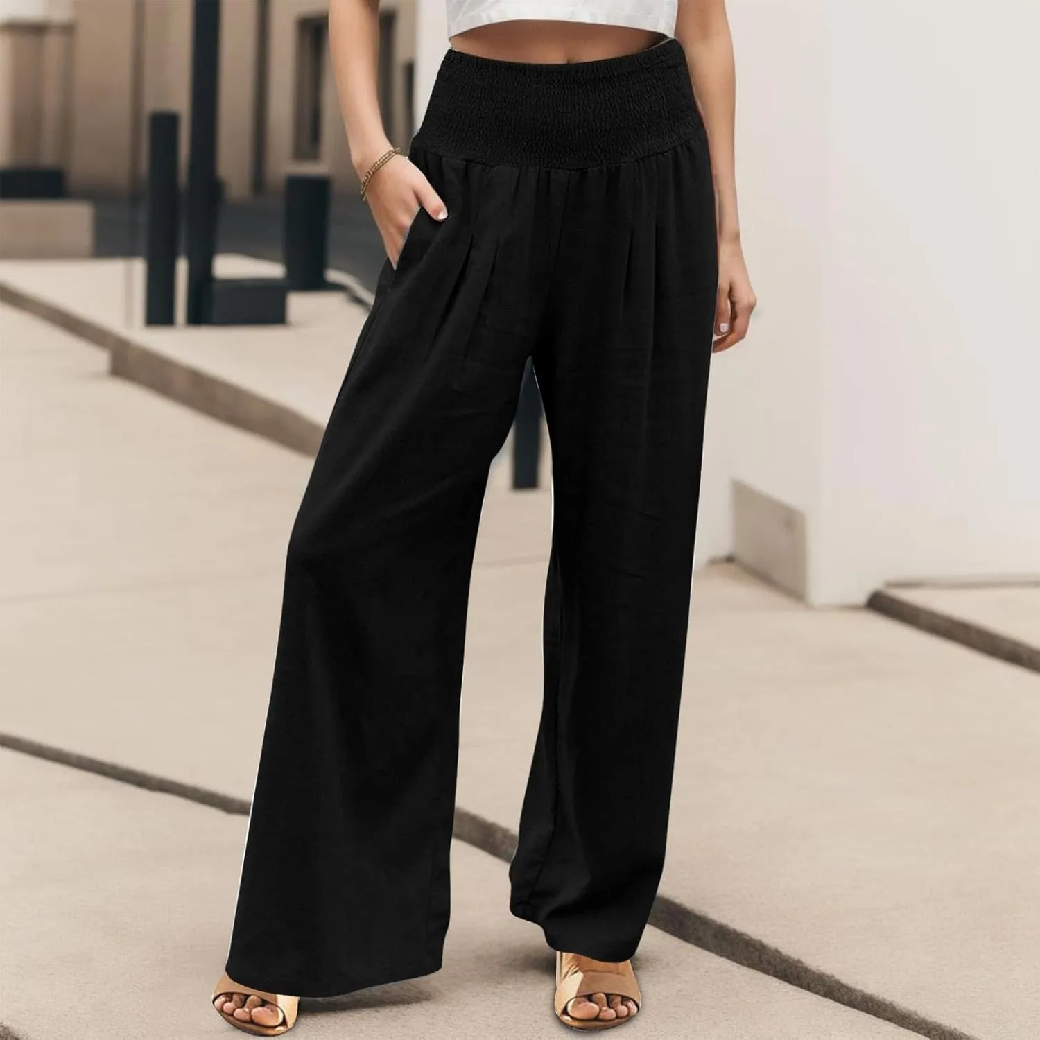 Women Linen Pants Straight Leg Tummy Control Summer Casual Palazzo Trouser with Pockets Womens Trendy Baggy Pants