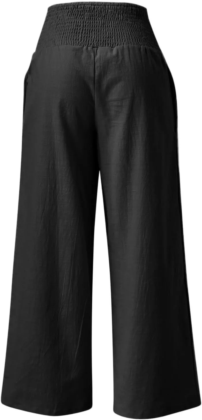 Women Linen Pants Straight Leg Tummy Control Summer Casual Palazzo Trouser with Pockets Womens Trendy Baggy Pants