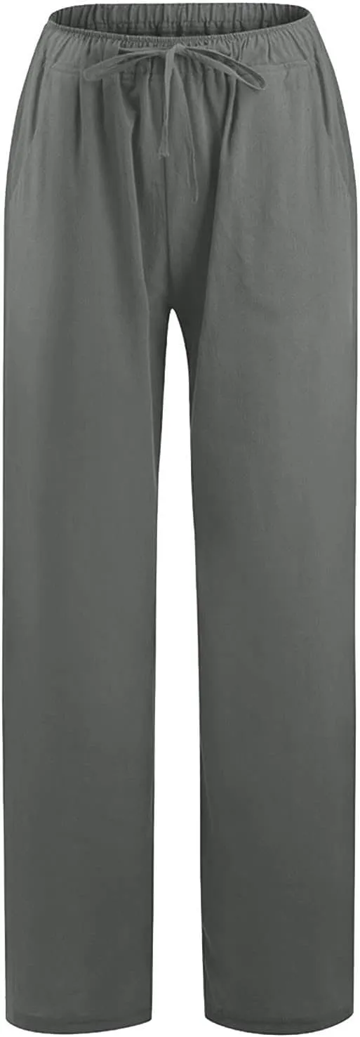 Women Linen Pants Summer Casual Beach Pants Drawstring High Waisted Wide Leg Pants Loose Trousers with Pockets