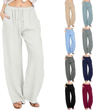 Women Linen Pants Summer Casual Beach Pants Drawstring High Waisted Wide Leg Pants Loose Trousers with Pockets