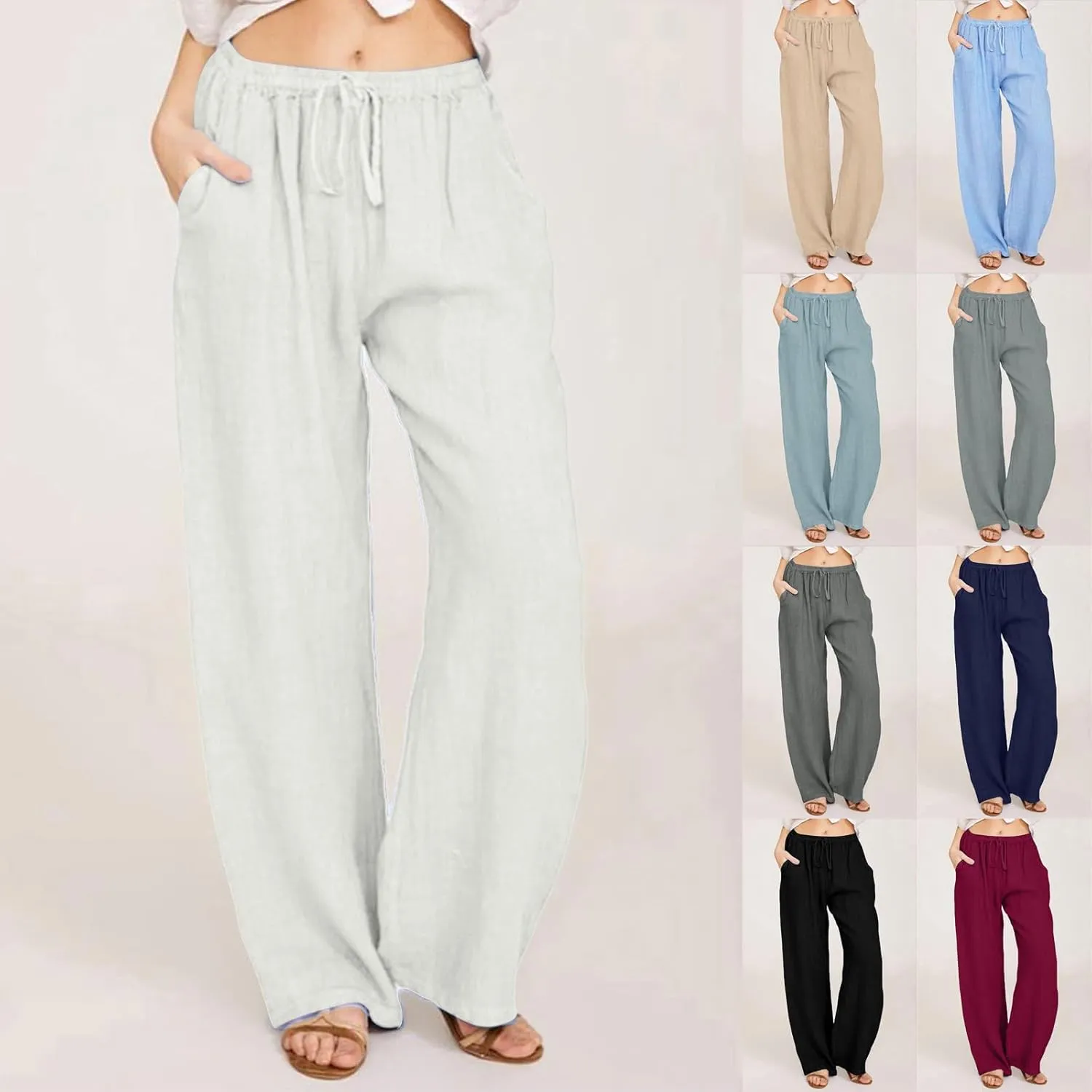 Women Linen Pants Summer Casual Beach Pants Drawstring High Waisted Wide Leg Pants Loose Trousers with Pockets