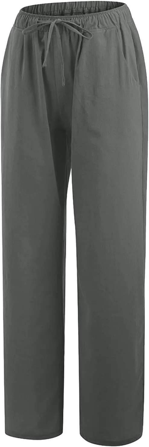 Women Linen Pants Summer Casual Beach Pants Drawstring High Waisted Wide Leg Pants Loose Trousers with Pockets