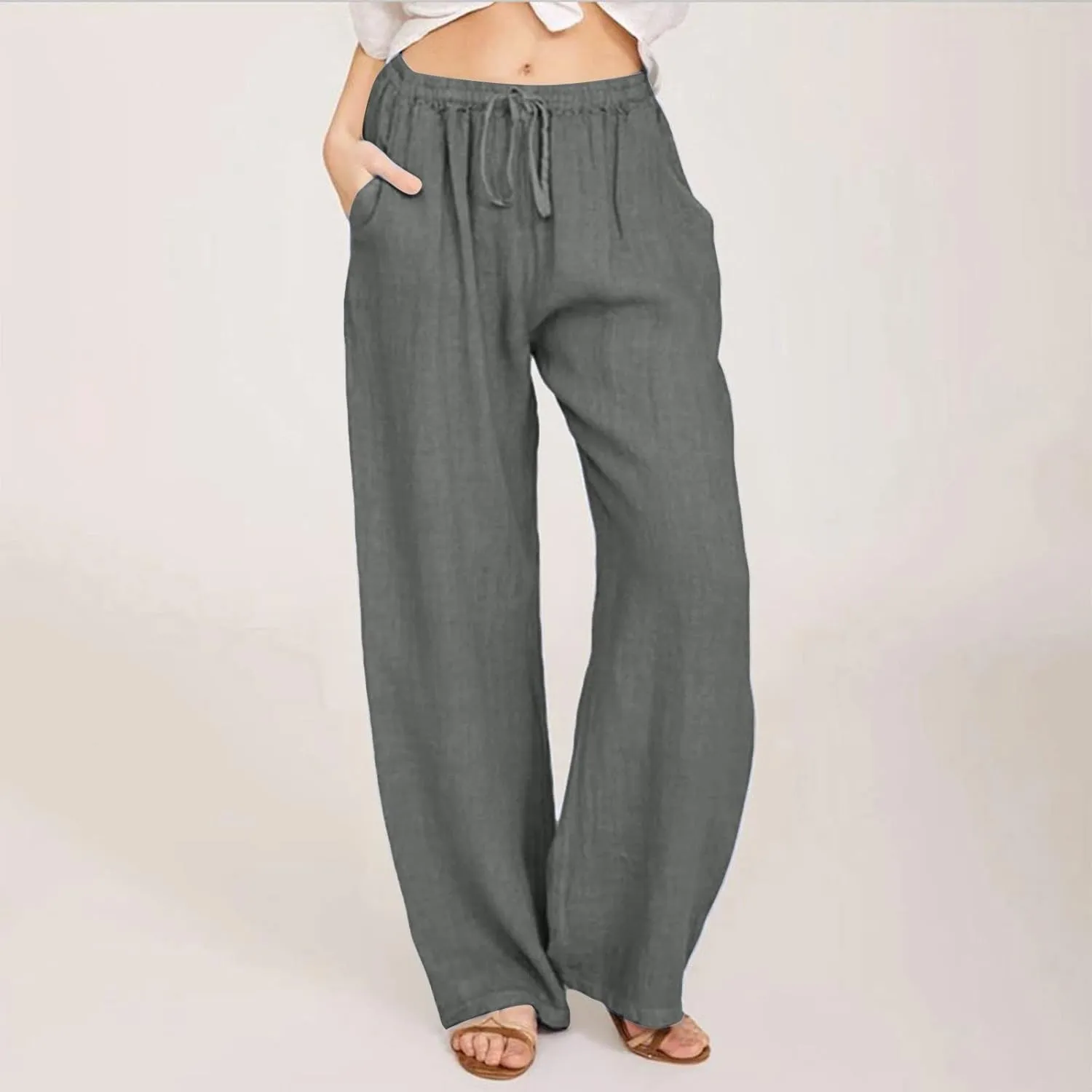 Women Linen Pants Summer Casual Beach Pants Drawstring High Waisted Wide Leg Pants Loose Trousers with Pockets