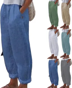 Women Linen Pants Summer Casual Long Pants with Pocket Cropped Comfy Baggy High Waisted Straight Leg Jogger Trousers
