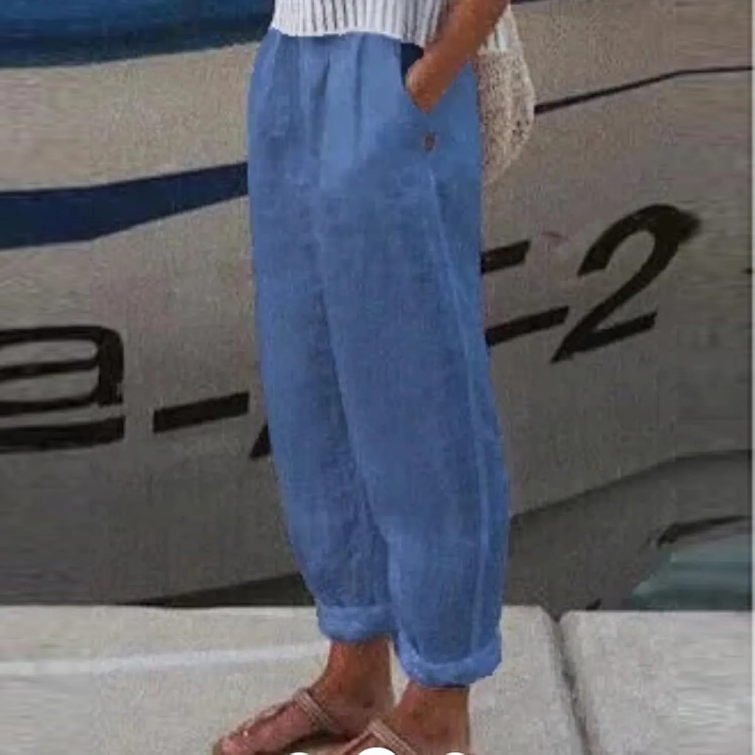 Women Linen Pants Summer Casual Long Pants with Pocket Cropped Comfy Baggy High Waisted Straight Leg Jogger Trousers
