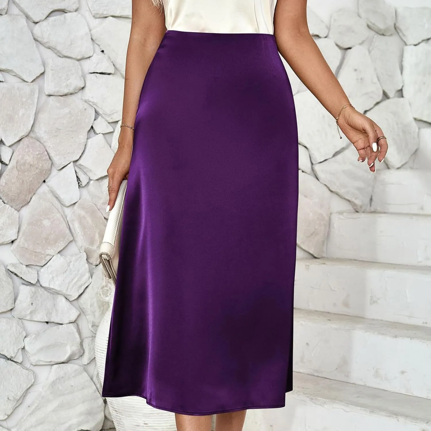 Women Satin Midi Skirt High Waist A Line Silky Smooth Lightweight Elegant Casual Formal Office Work Party Skirt
