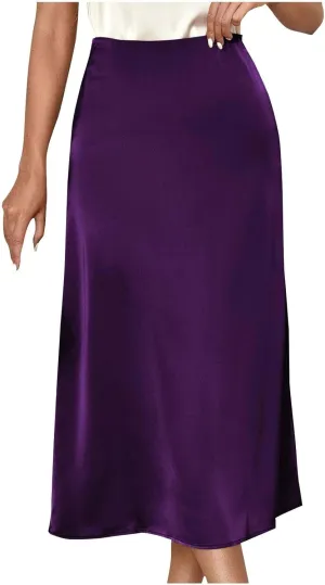 Women Satin Midi Skirt High Waist A Line Silky Smooth Lightweight Elegant Casual Formal Office Work Party Skirt