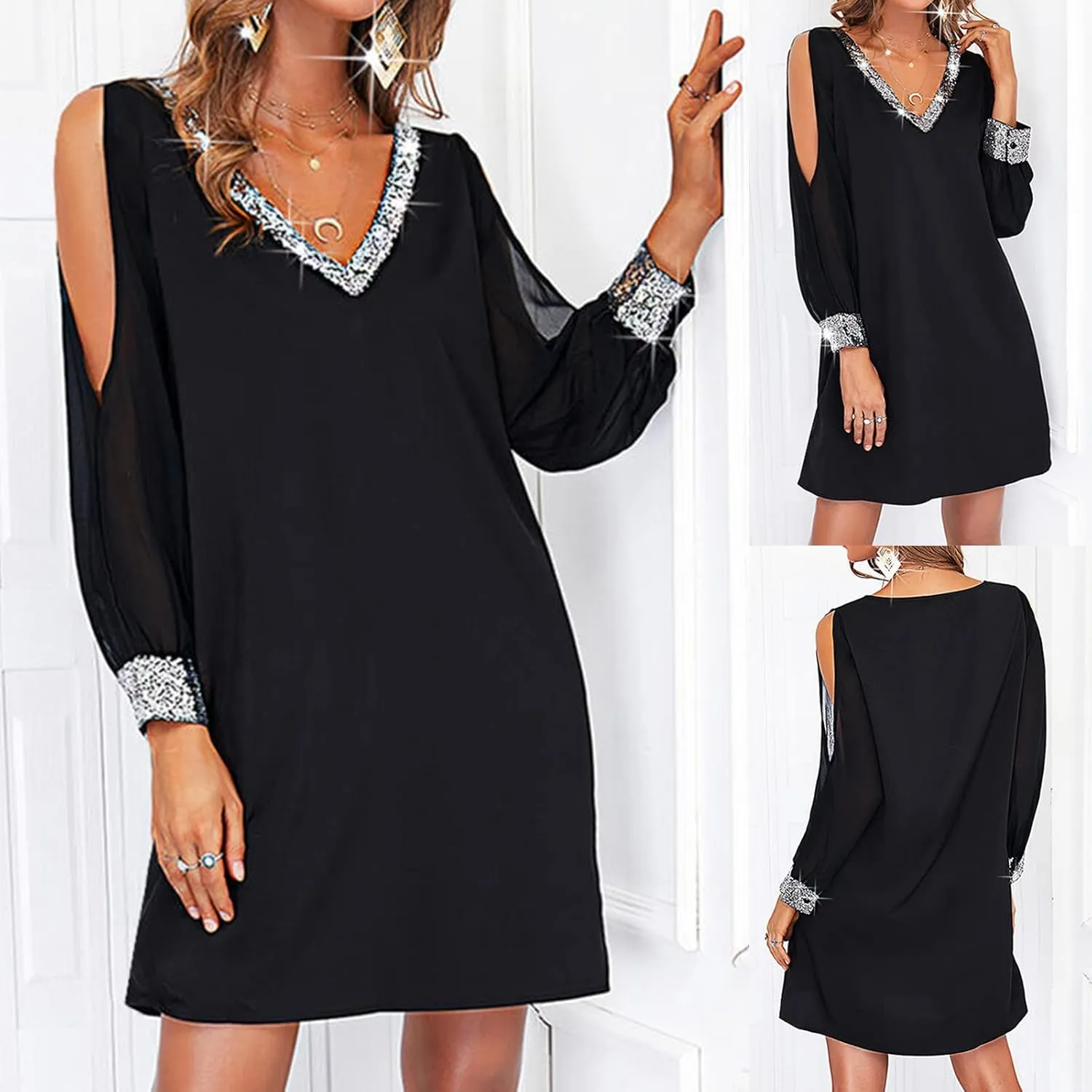 Women Sexy Sequin Dresses Long Sleeve Sparkly Glitter Ruched Bodycon Dress Party Night Out Club Dresses