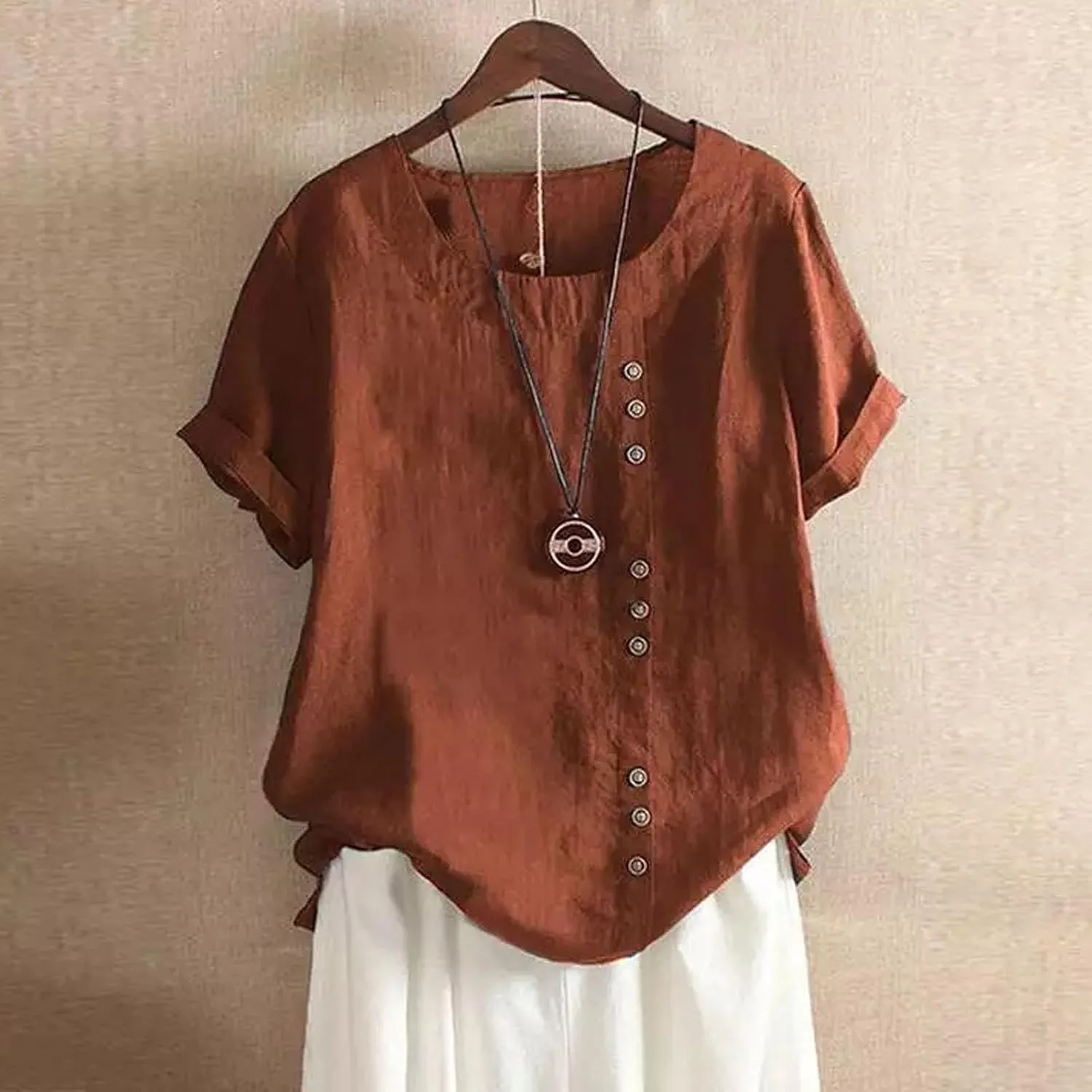 Women Short Sleeve Cotton Linen Shirt Casual Crew Neck Henley T Shirt Bohemian Embroidery Loose Summer Tops