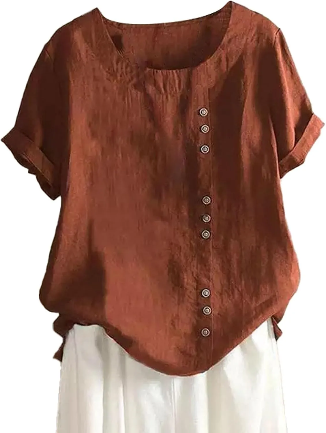 Women Short Sleeve Cotton Linen Shirt Casual Crew Neck Henley T Shirt Bohemian Embroidery Loose Summer Tops
