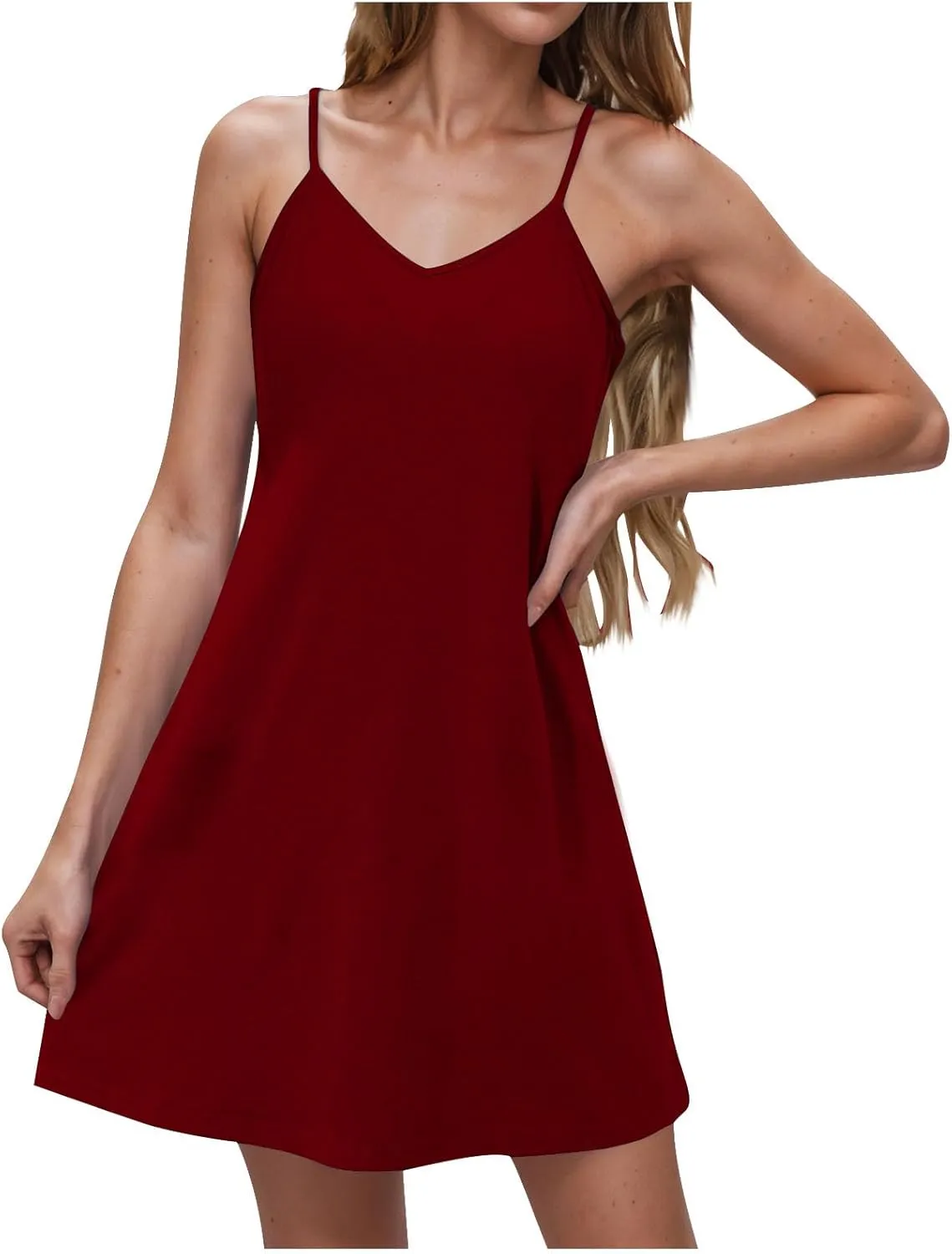 Women Sleeveless Spaghetti Strap Loose Fit Dresses for Women V Neck Plain Midi Knee High Summer Fall Dresses 2025