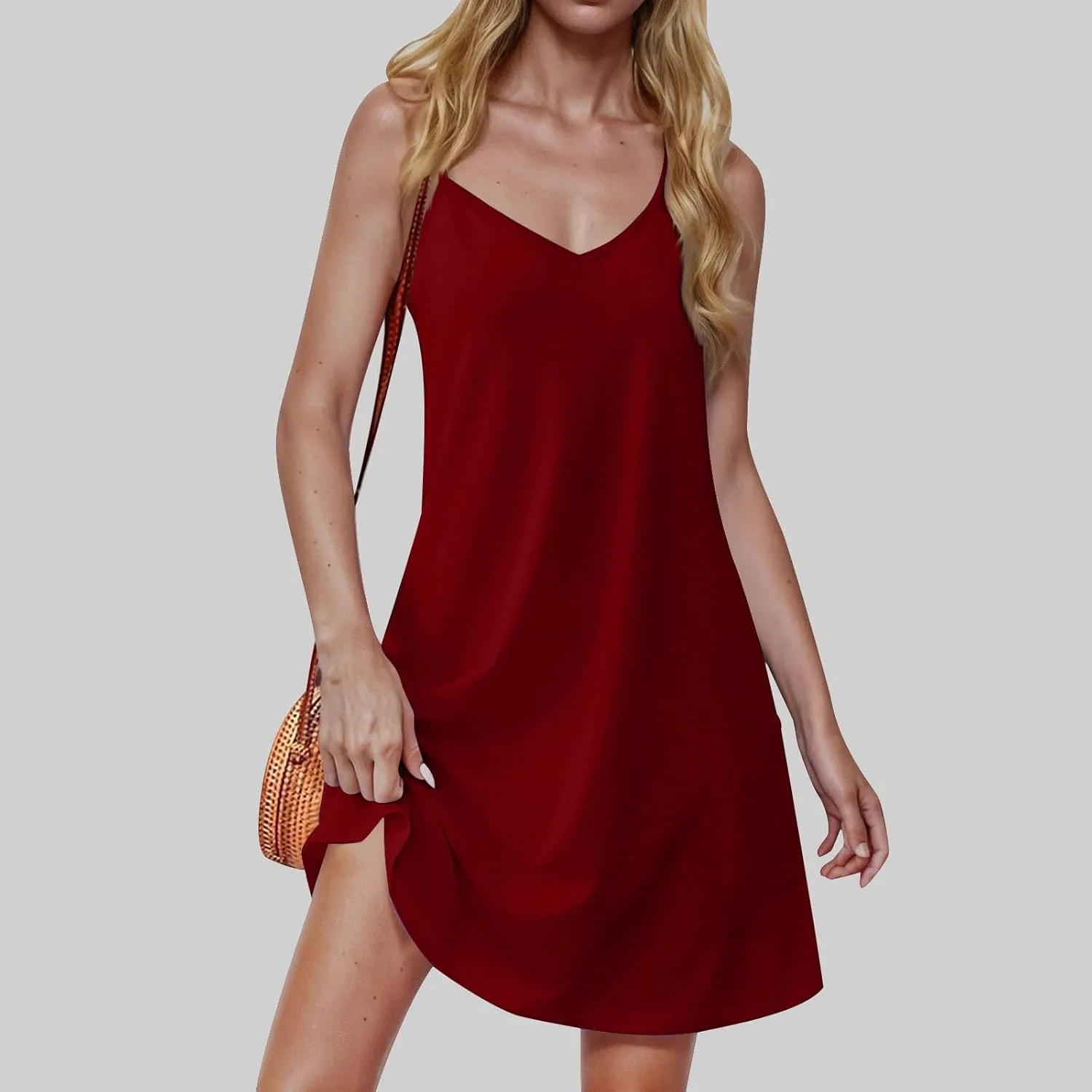 Women Sleeveless Spaghetti Strap Loose Fit Dresses for Women V Neck Plain Midi Knee High Summer Fall Dresses 2025