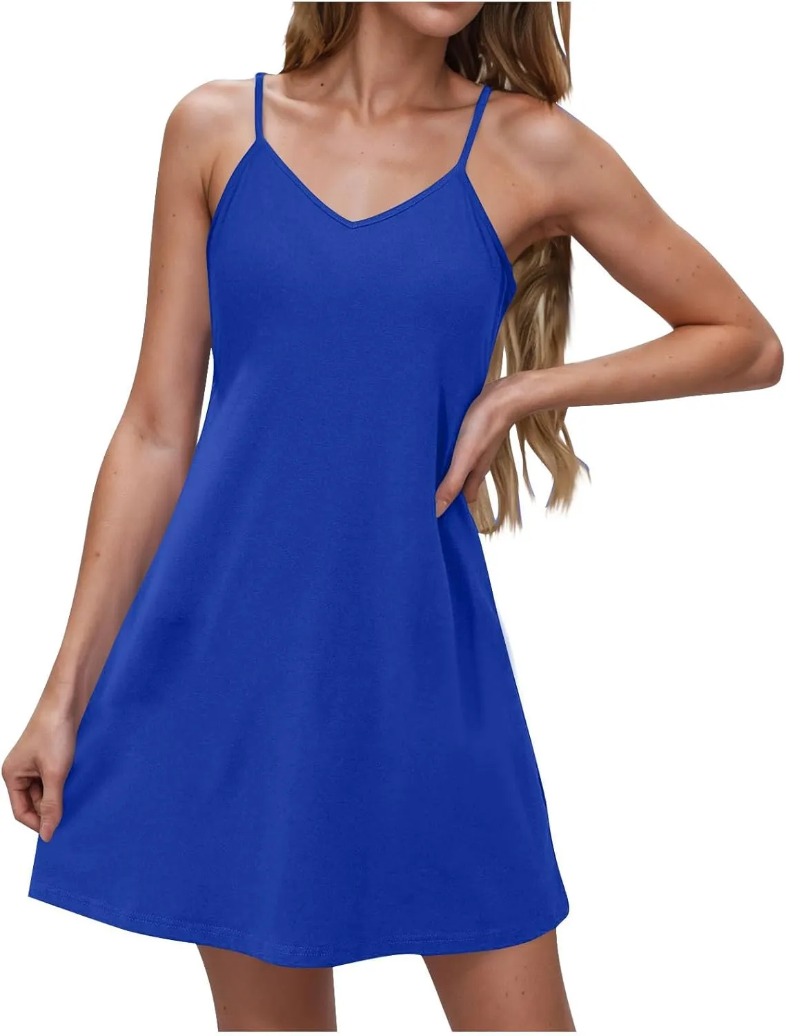 Women Sleeveless Spaghetti Strap Loose Fit Dresses for Women V Neck Plain Midi Knee High Summer Fall Dresses 2025
