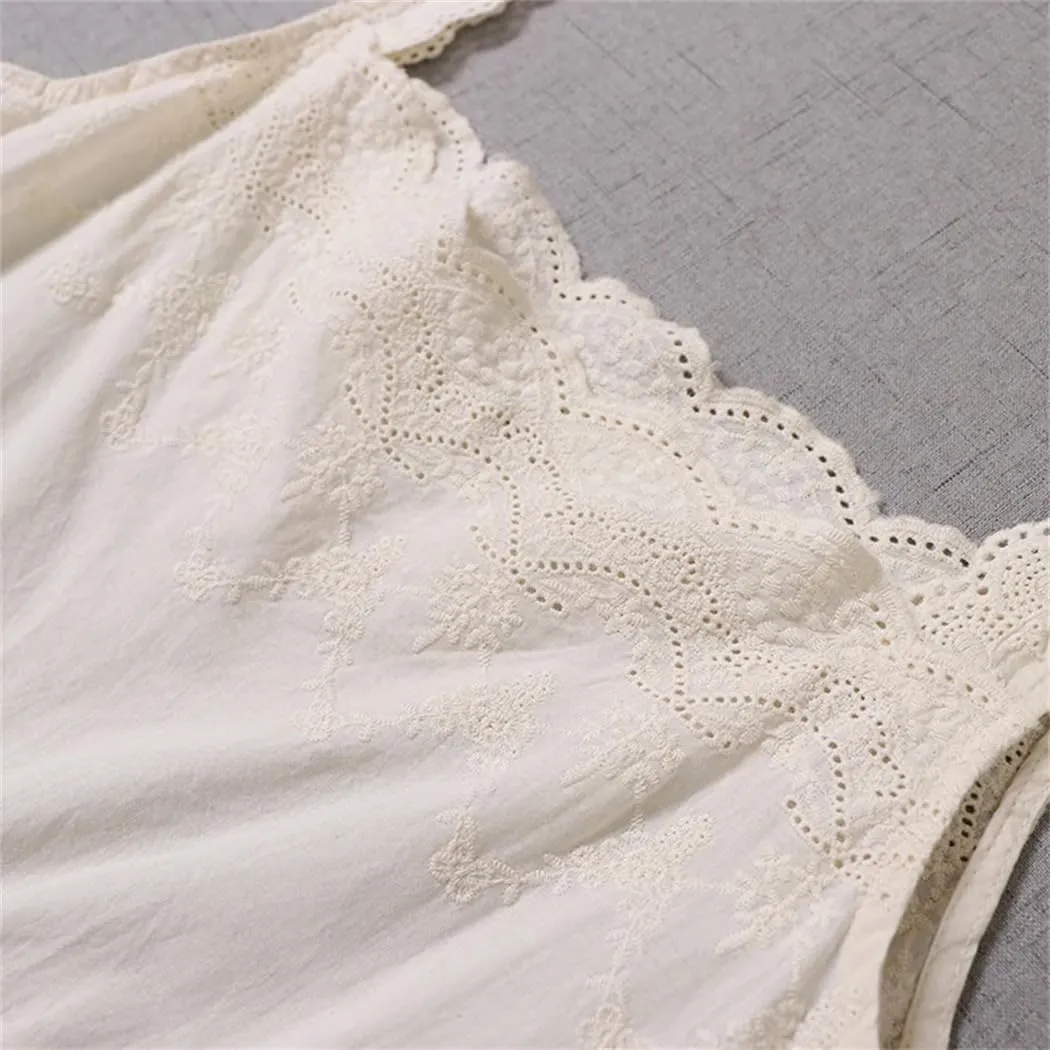 Women Solid Color Slip O-Neck Dress Spring Summer Cotton Lace Sleeveless Loose Dress
